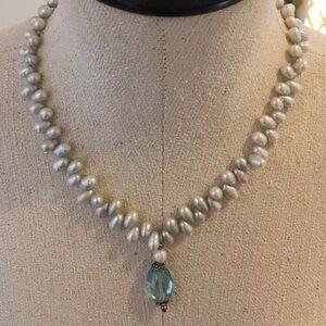 Freshwater Pearl Necklace Blue Pendant Removable Minimal Statement